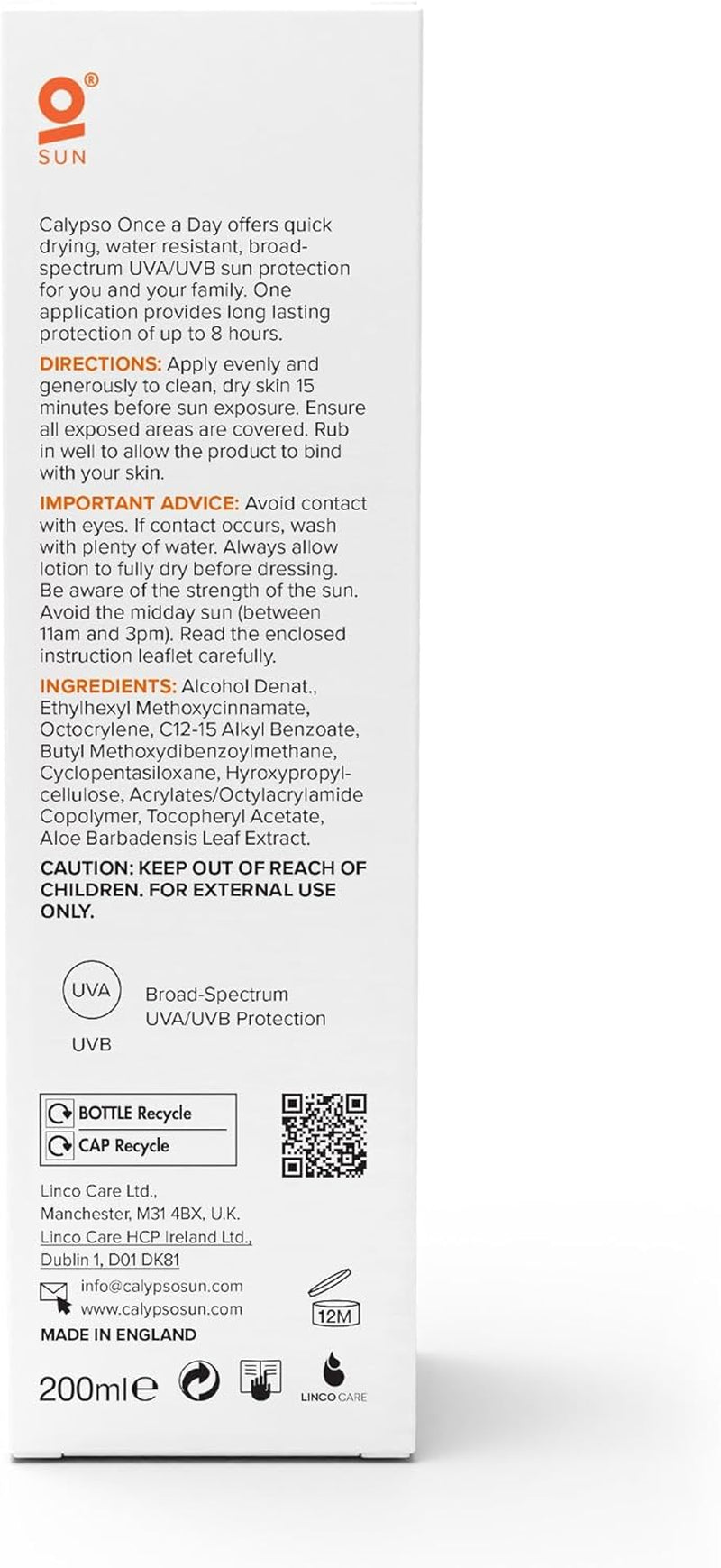 Once a Day Sun Protection Lotion SPF20 | 8 Hours Sun Protection | Non Greasy | Superior 4 Start UVA Rating - 200 Ml CALC20L